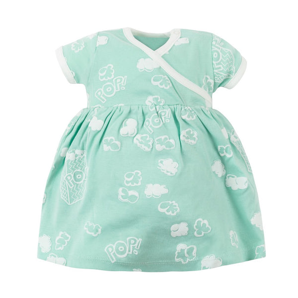 Organic Cotton Baby Girl Aqua Popcorn Puff Print Zen Dress with Bloomers