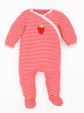 Organic Cotton Unisex Baby Red Stripe Strawberry Side Snap Footies