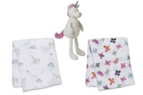 Talls 'N Smalls Unicorn and lulujo Unicorns & Rainbows and Butterfly Muslin Swaddling Blankets